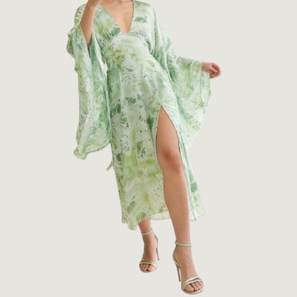 Maxi Dress Medium Boho Tie Dye Satin Ruched Bell Sleeve Green V-Neck - Picture 10 of 11